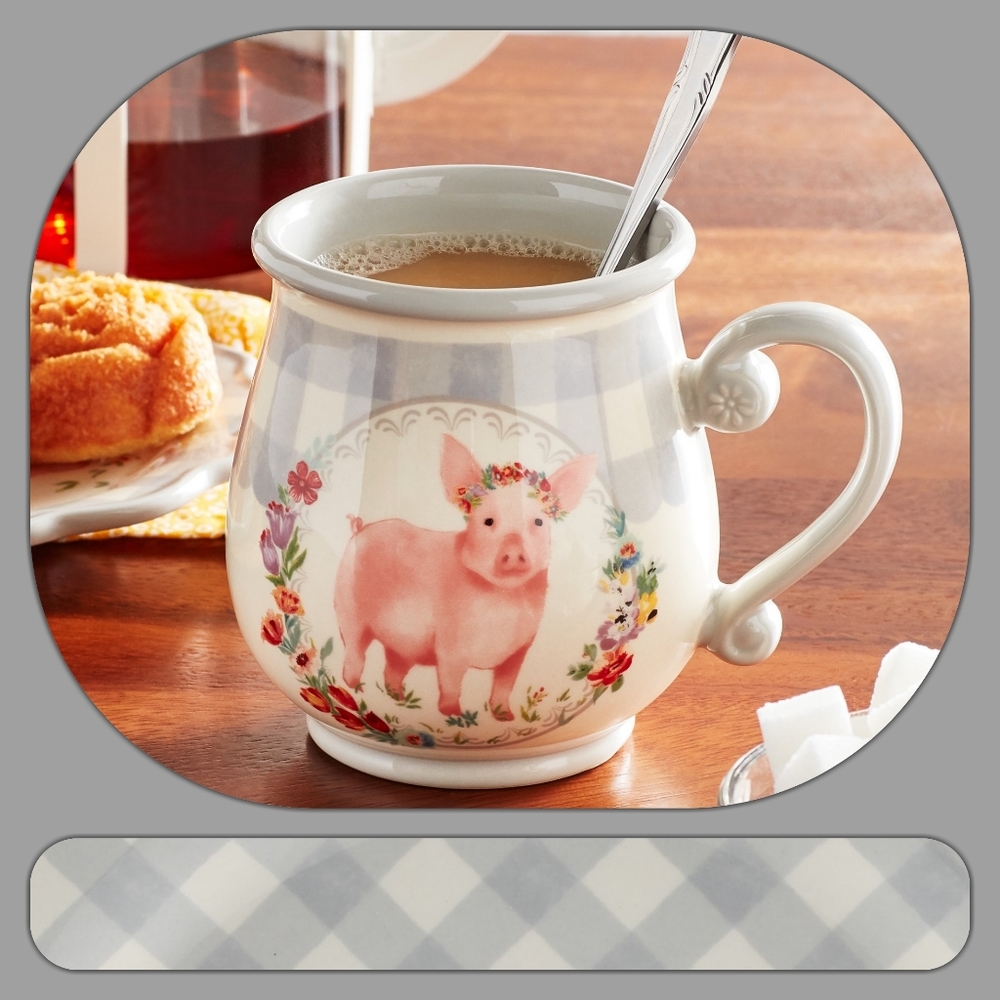 🌺 New Pioneer Woman Pink Pig Gray Gingham Checks Mug, Qty 1 - Picture 4 of 9
